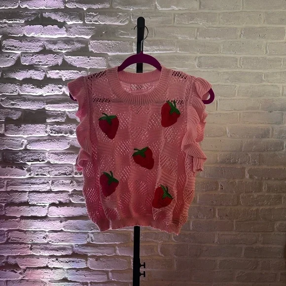 Sold. Pink Strawberry Sweater - Picture 1 of 4